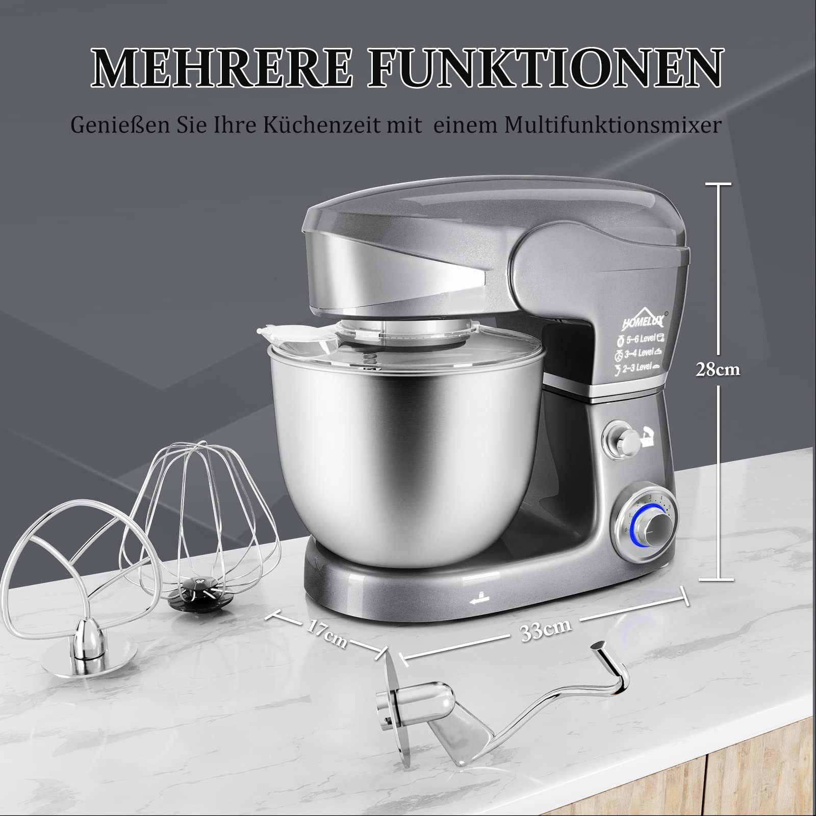 HOMELUX Küchenmaschine Multifunktional Knetmaschine mit 6 Geschwindigkeit, 2000,00 W, 5,00 l Schüssel, inkl 3-Teiligem Patisserie-Set und Spritzschutz, Edelstahlschüssel
