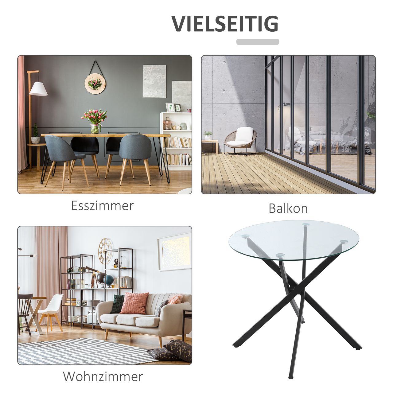 HOMCOM Beistelltisch mit Sicherheitsglas runder Couchtisch Kaffeetisch Glastisch für Wohnzimmer Schlafzimmer Metall Schwarz 80 x 80 x 75 cm