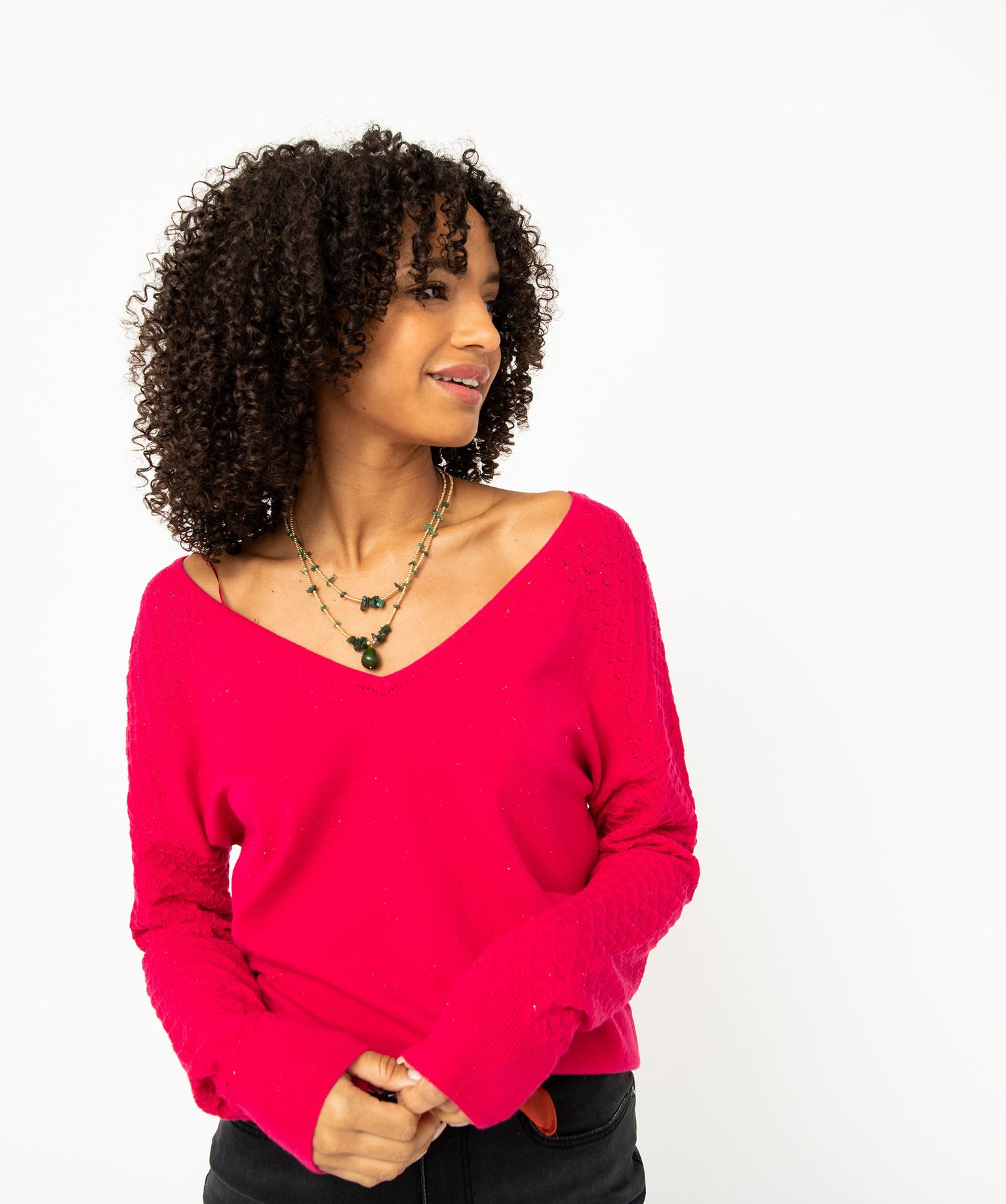 Pull avec double col V et manches fantaisie femme rose | GEMO
