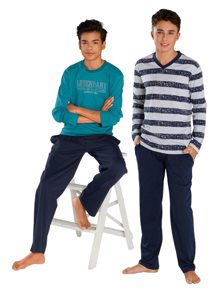 LE JOGGER Pyjama in petrol-marine, grau-meliert-marine günstig kaufen