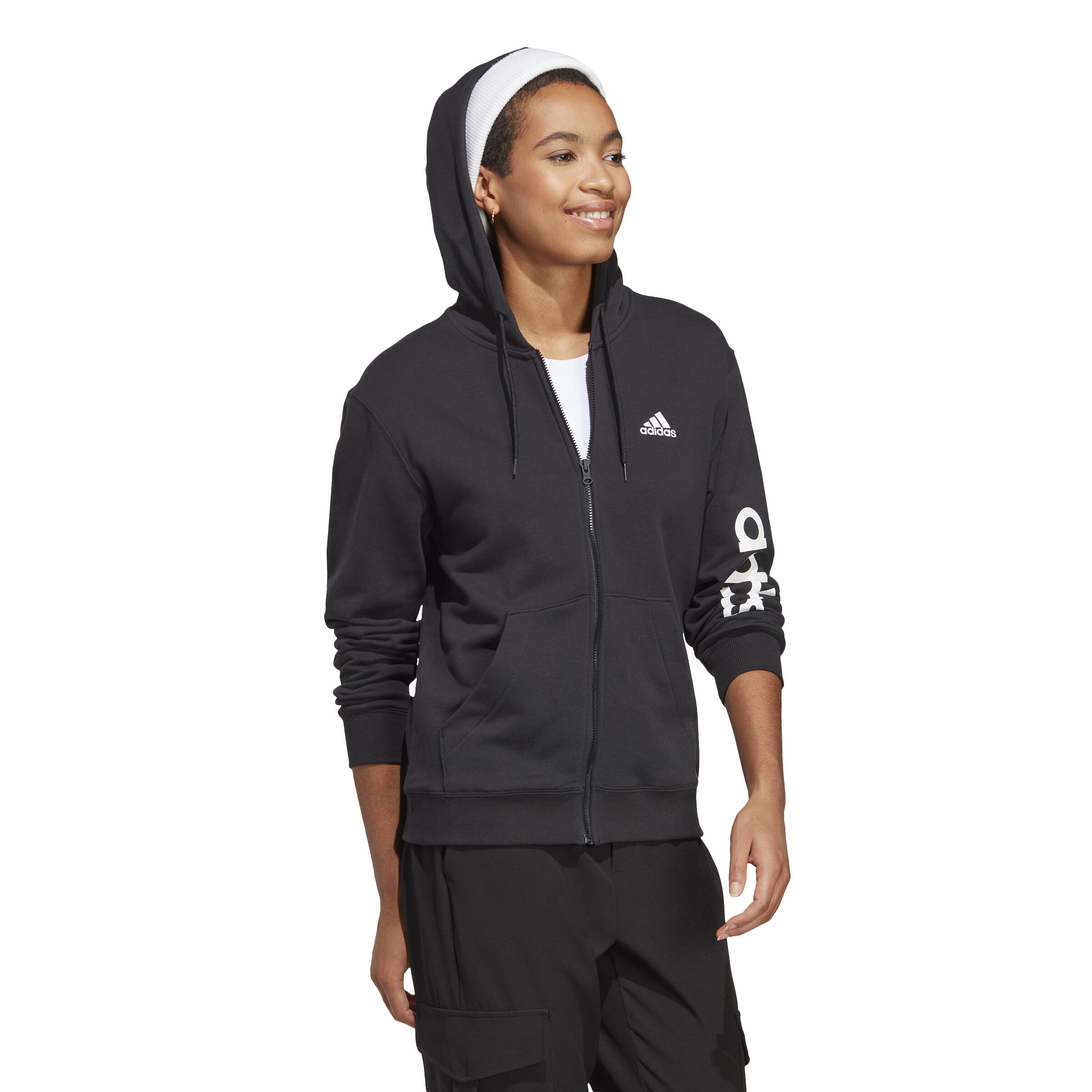 Linear French Terry Full Zip Sweatjacke Damen - Schwarz, Weiß
