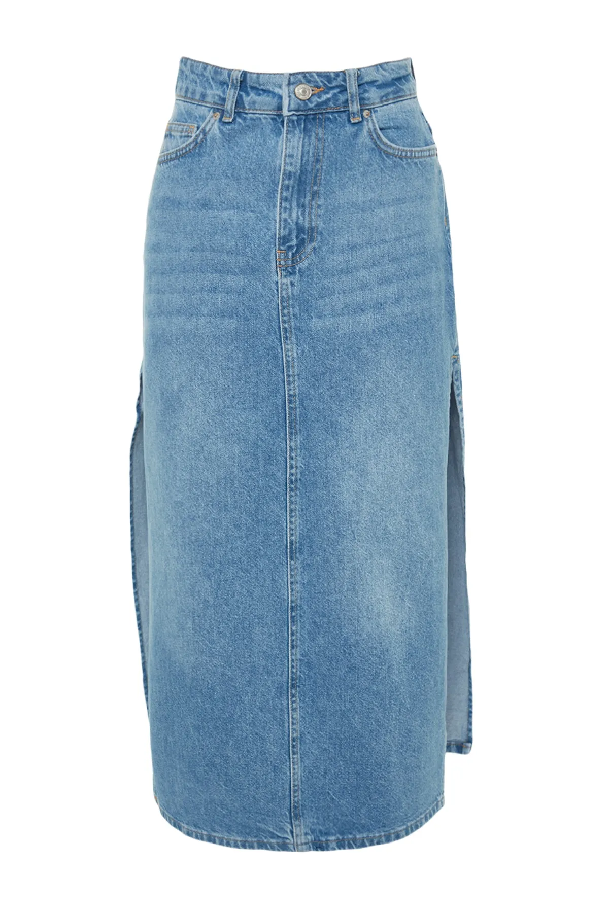 Trendyol Collection  Hellblauer High Waist Maxi Jeansrock mit Schlitzen TWOSS23ET00109