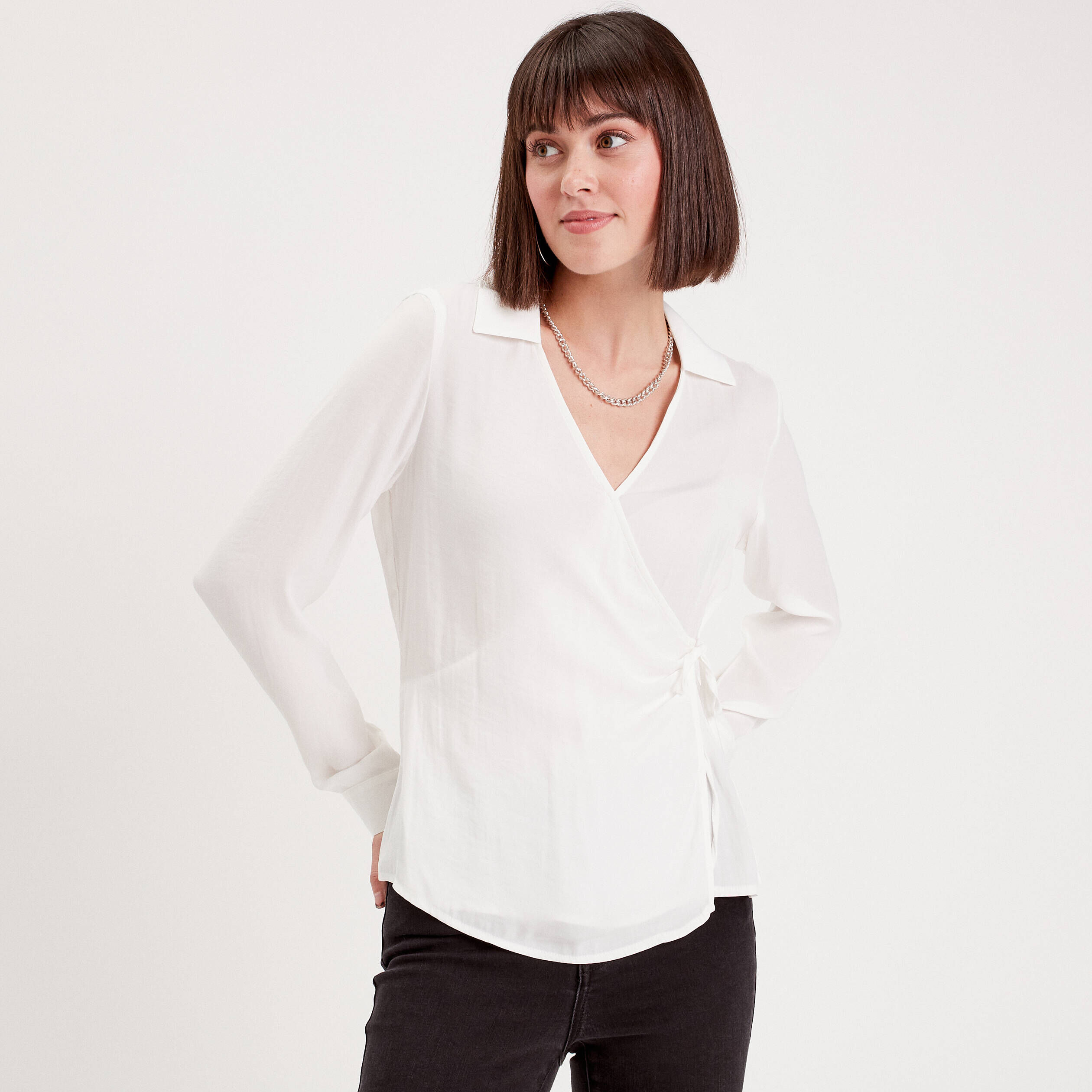 Blouse satin col cache-coeur ecru femme | Cache Cache