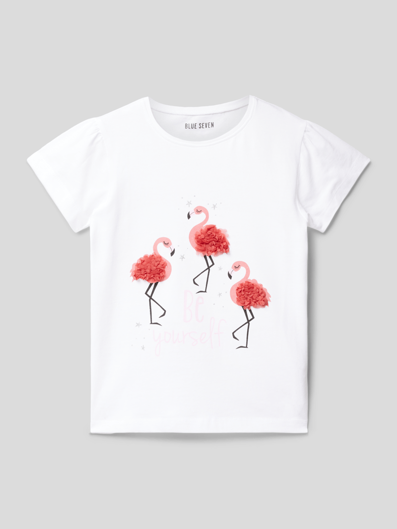 T-Shirt mit Motiv-Print mit Rüschenapplikation in weiß