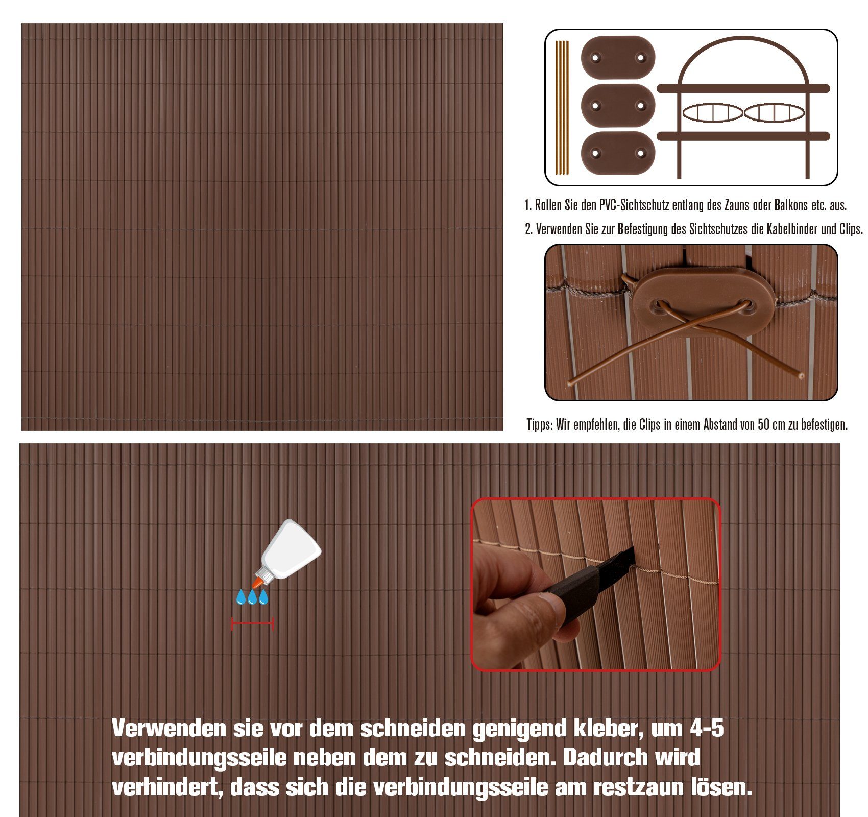 Homewit Balkonsichtschutz PVC Sichtschutzmatte mit Bindern Windschutz Wasserdicht ohne Bohren Doppelte Verstärkung Innen (Schwarz/Braun/Naturholzfarben)