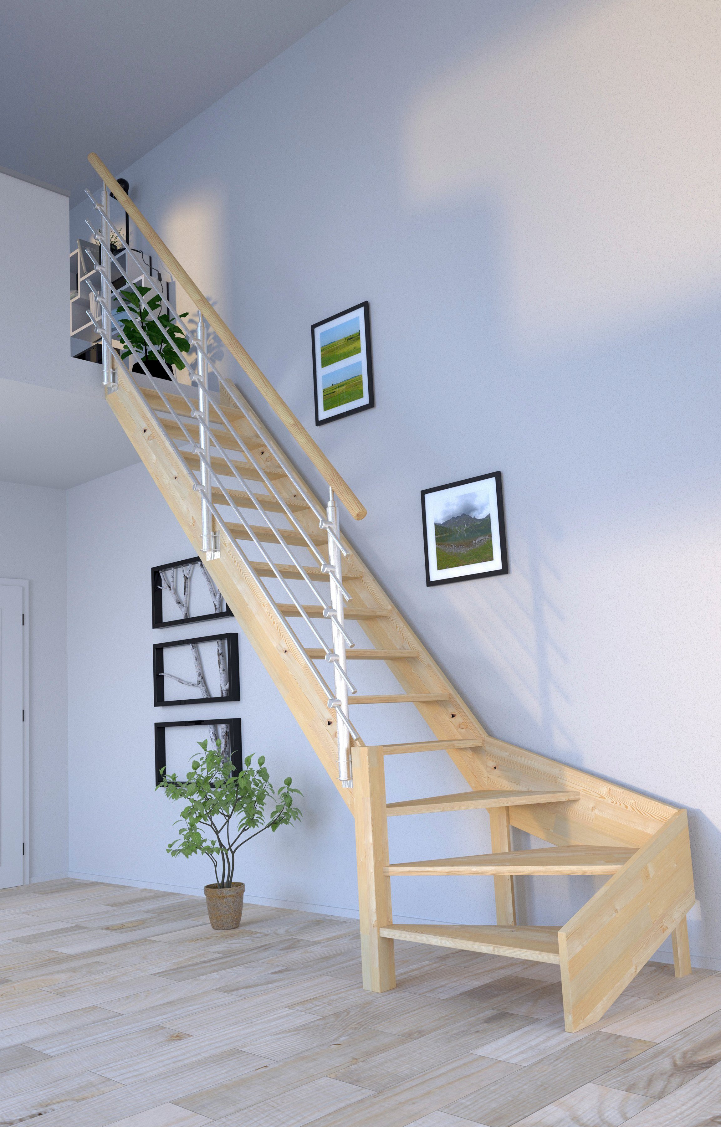 Starwood Raumspartreppe Massivholz Korfu, Design-Geländer Edelstahl, für Geschosshöhen bis 300 cm, Stufen offen, gewendelt Links, Durchgehende Wangenteile