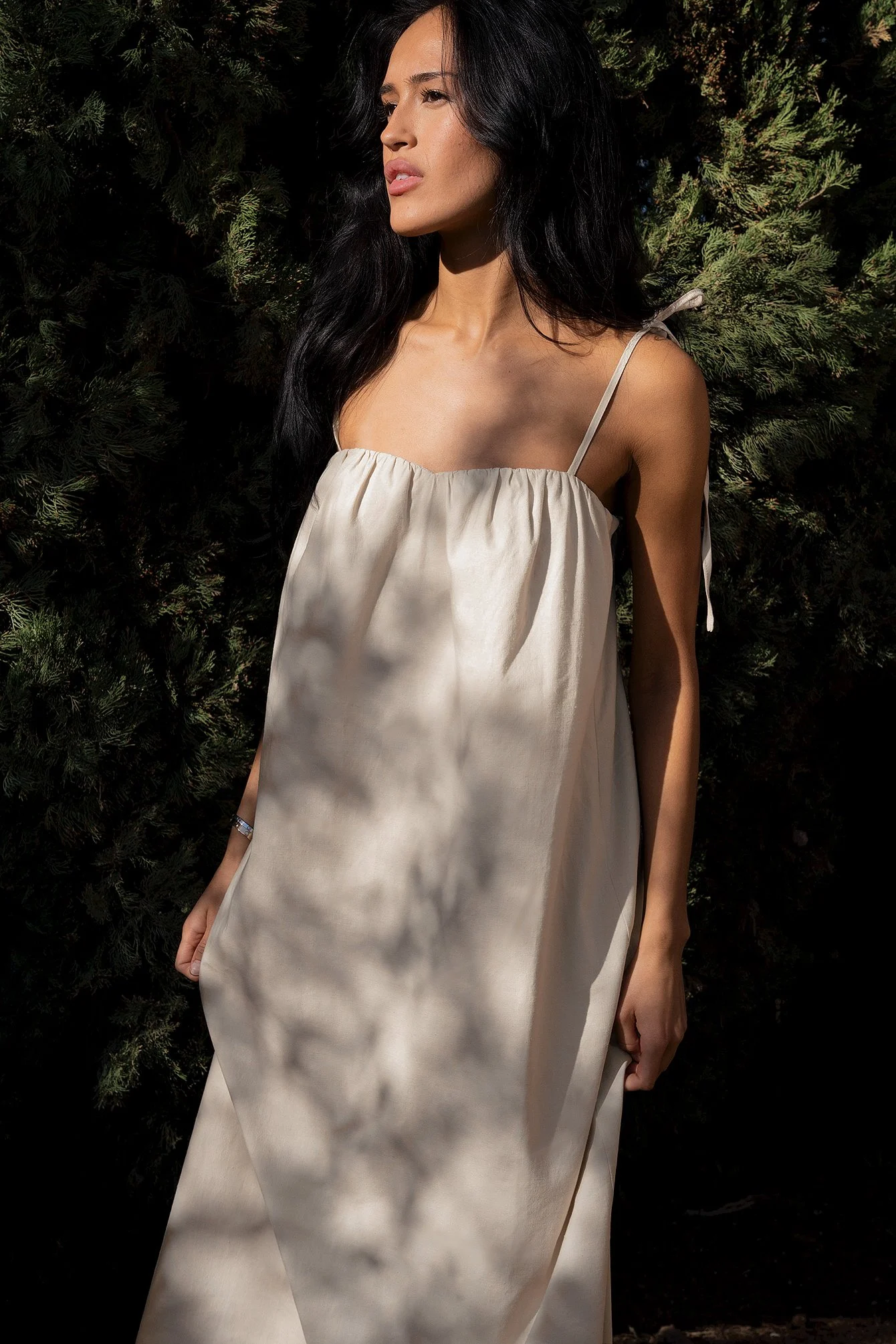 Linen Blend Tie Strap Midi Dress
