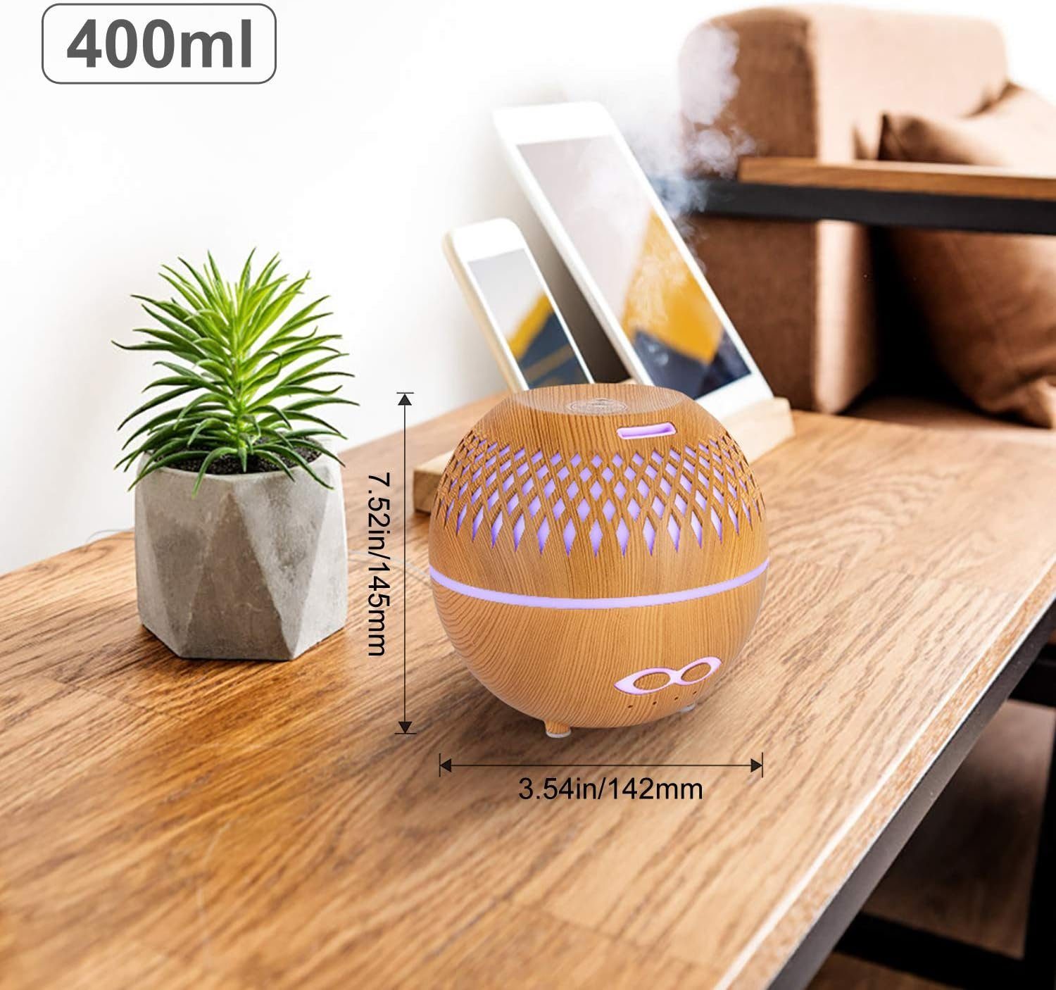 RYSH Luftbefeuchter Aroma-Diffuser, 400ml, Ultraschall-Raumbefeuchter, Dekoration, Luftbefeuchter für ätherische Öle mit 7-Farben-LED, Aromatherapiegerät