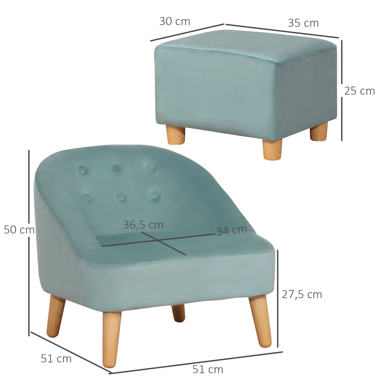 HOMCOM Kindersessel Kindersofa mit Fußhocker Kindercouch ab 3 Jahren Kindermöbel Kinderzimmer Samtoptik Eukalyptusholz Grün 51 x 51 x 50 cm