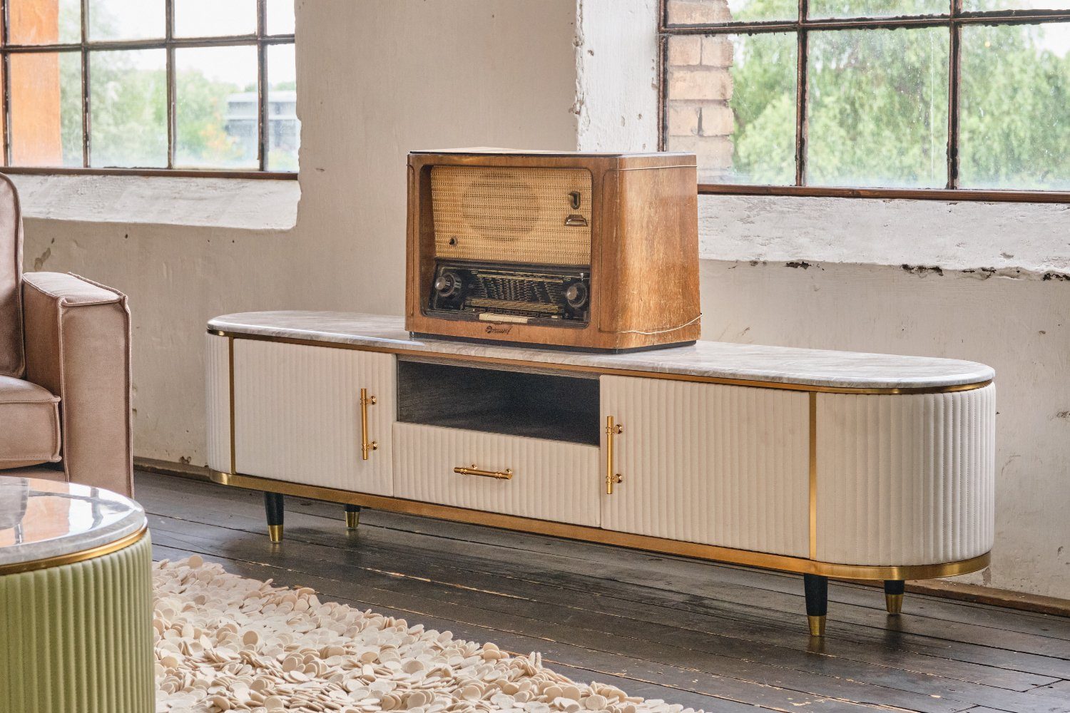 KAWOLA Lowboard MARIA, TV-Bank Marmorplatte Kunstleder versch. Farben