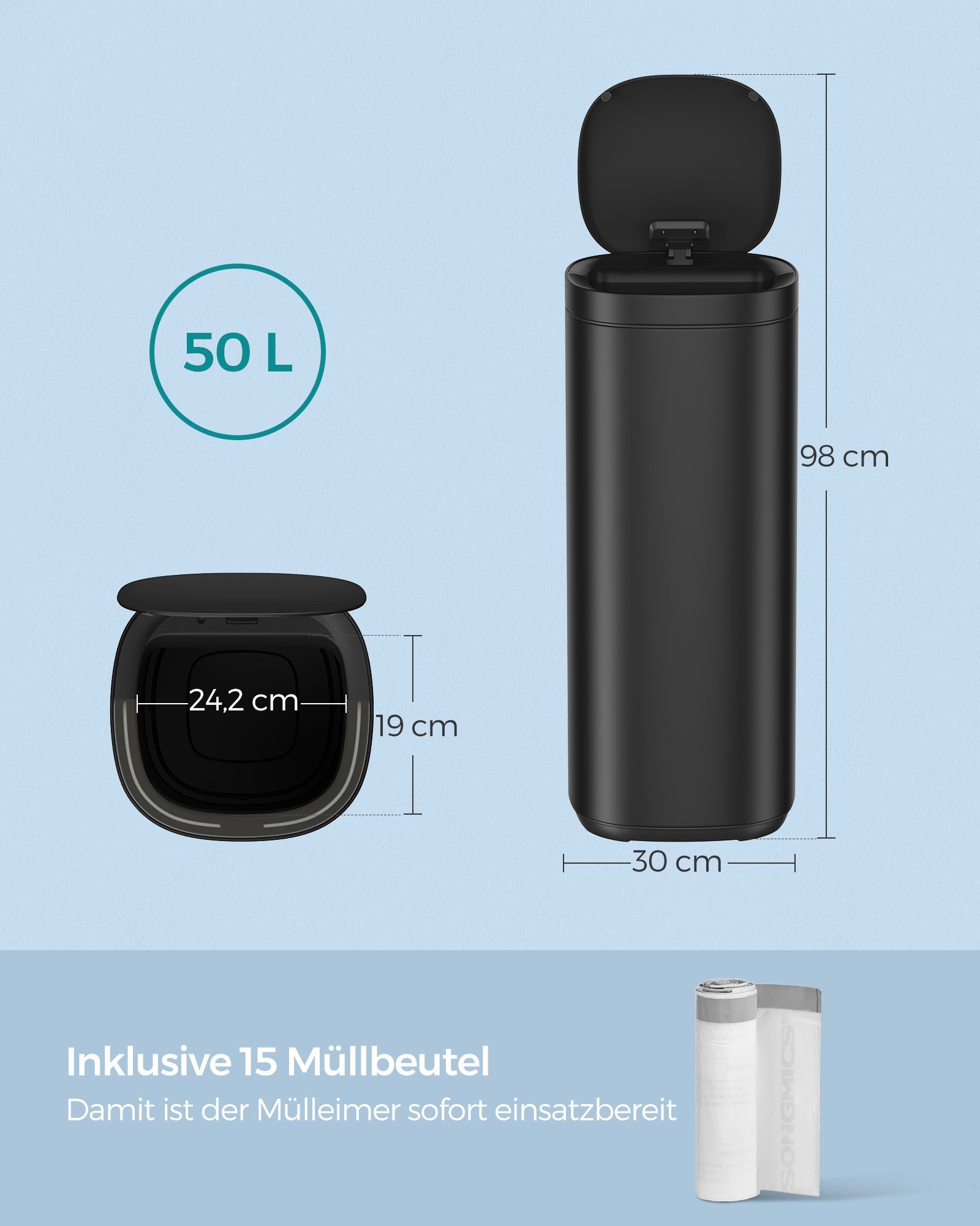 SONGMICS Mülleimer 50 L, Abfalleimer, Bewegungssensor, Geruchsbeseitigung