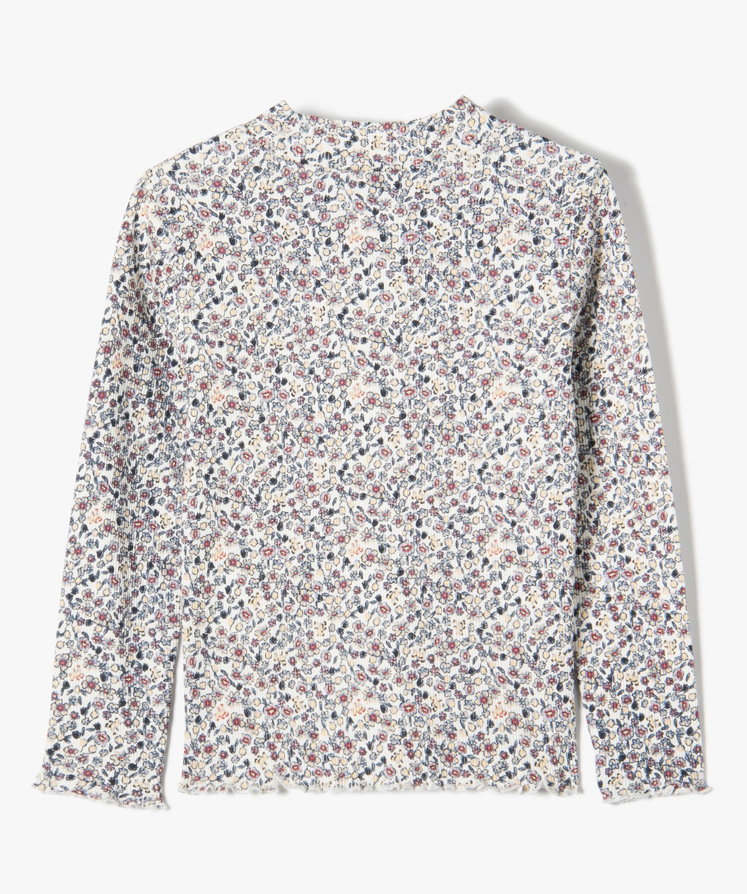 Tee-shirt fille en maille ctelée fleurie et col montant à manches longues