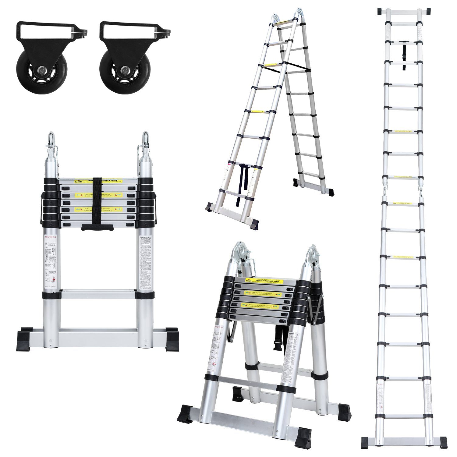 TolleTour Teleskopleiter Teleskopleiter Alu 2.5+2.5m mit Stabilisator Rädern Anlegeleiter