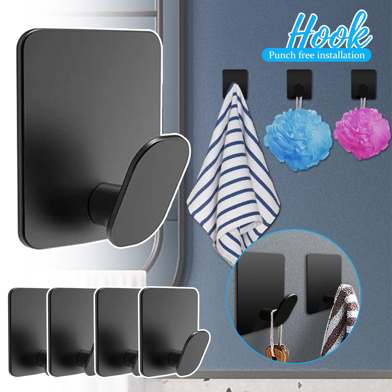 Blusmart Wandhaken 4 Stück Wand Montiert Kleiderbügel Tür Haken, (RobeKleidung Haken, Stanzfreies), Lackhaken aus Edelstahl