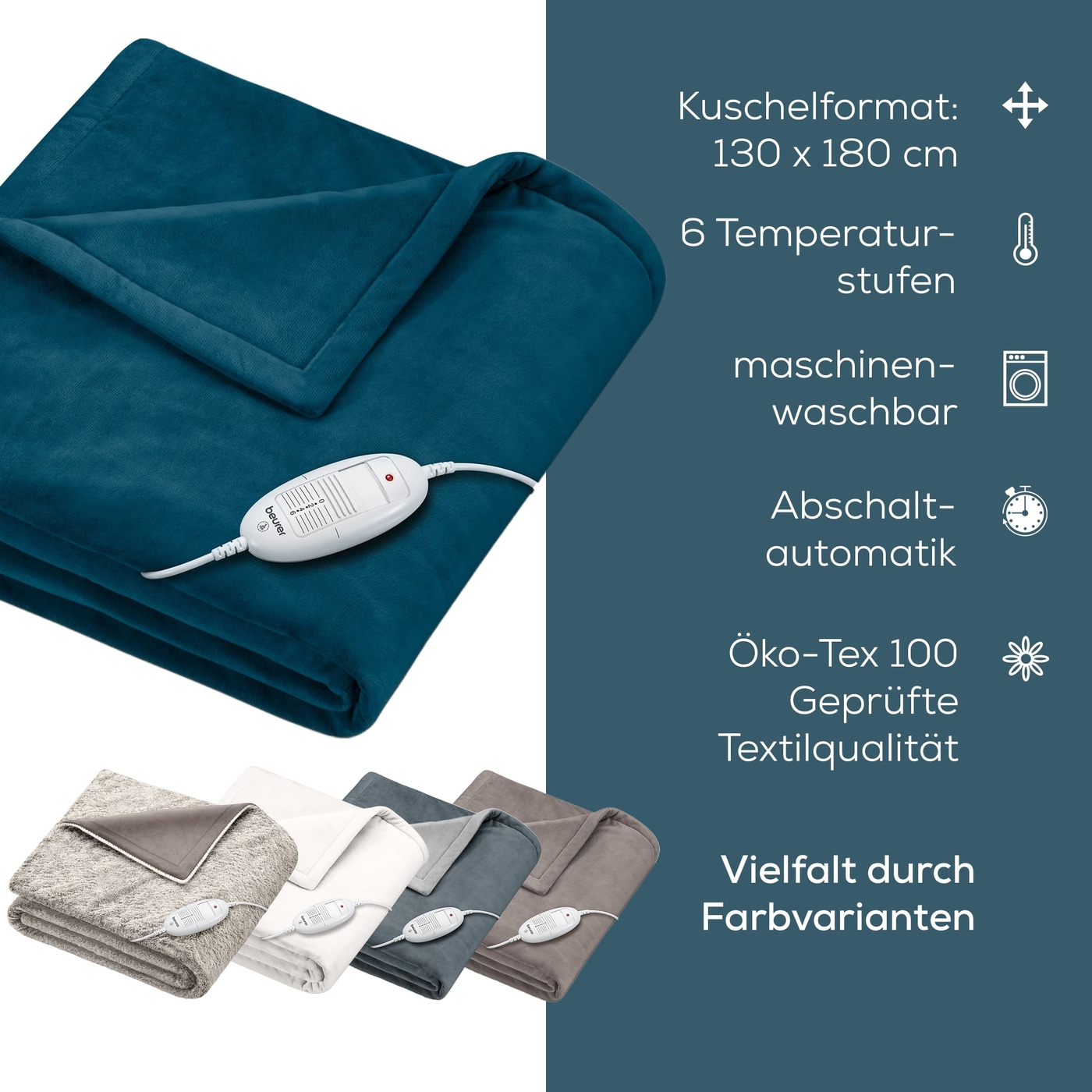Beurer Wärmezudecke HD 75 Cosy Ocean-Atmungsaktive Heizdecke in trendigem Blau mit anschmiegsamer Flauschfaser
