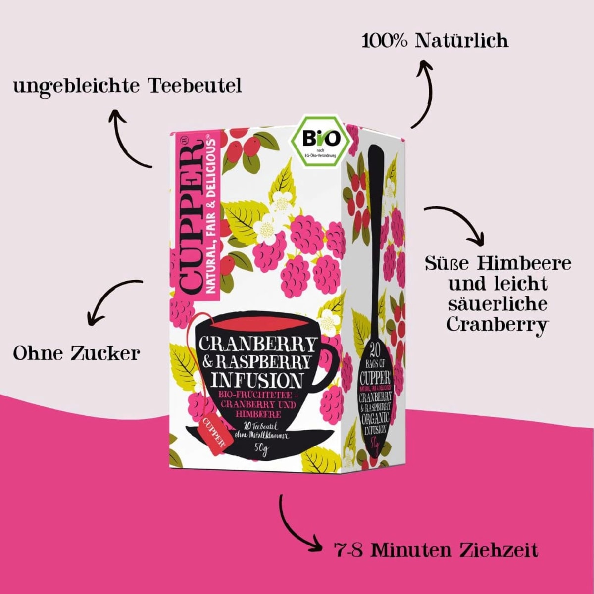 Früchtetee Cranberry, Himbeere (20 Beutel), 50 g