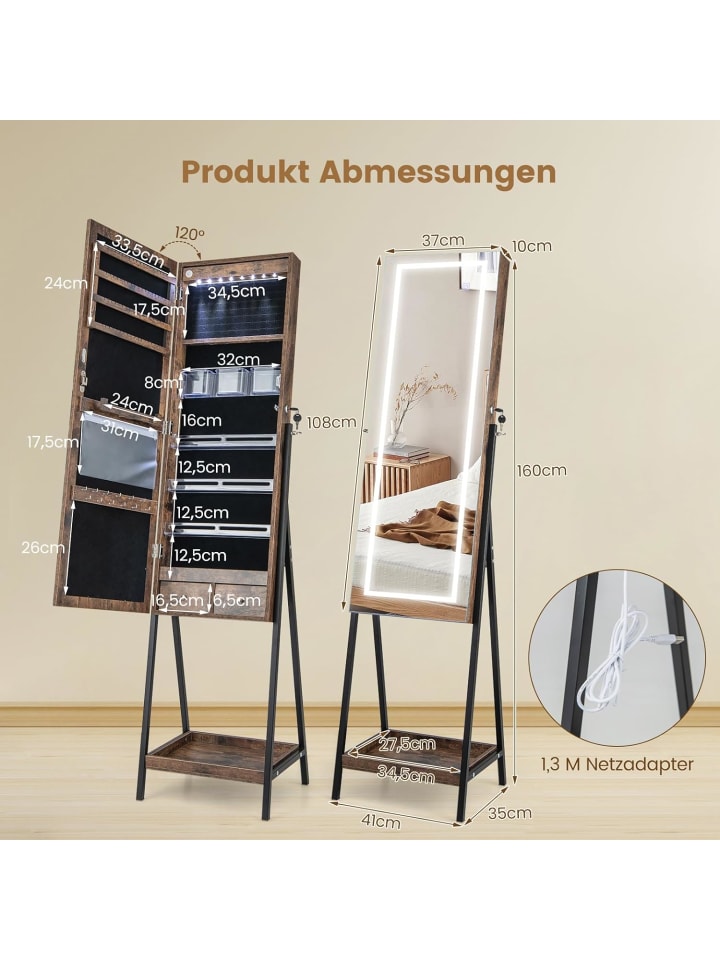 COSTWAY Schmuckschrank mit LED & Ablage in Braun günstig kaufen onesize
