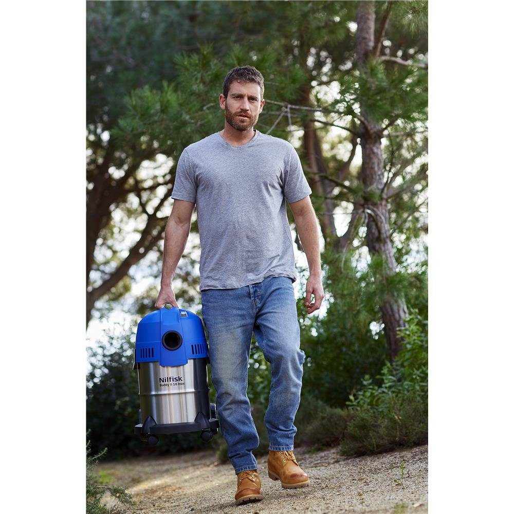 Nilfisk Bodenstaubsauger Buddy II 18 Inox Nass-/Trockensauger 18451129, Werkstattsauger, nass und trocken, saugt z.B. Wasser, Erde, Schlamm, Holzspäne, INOX-Behälter