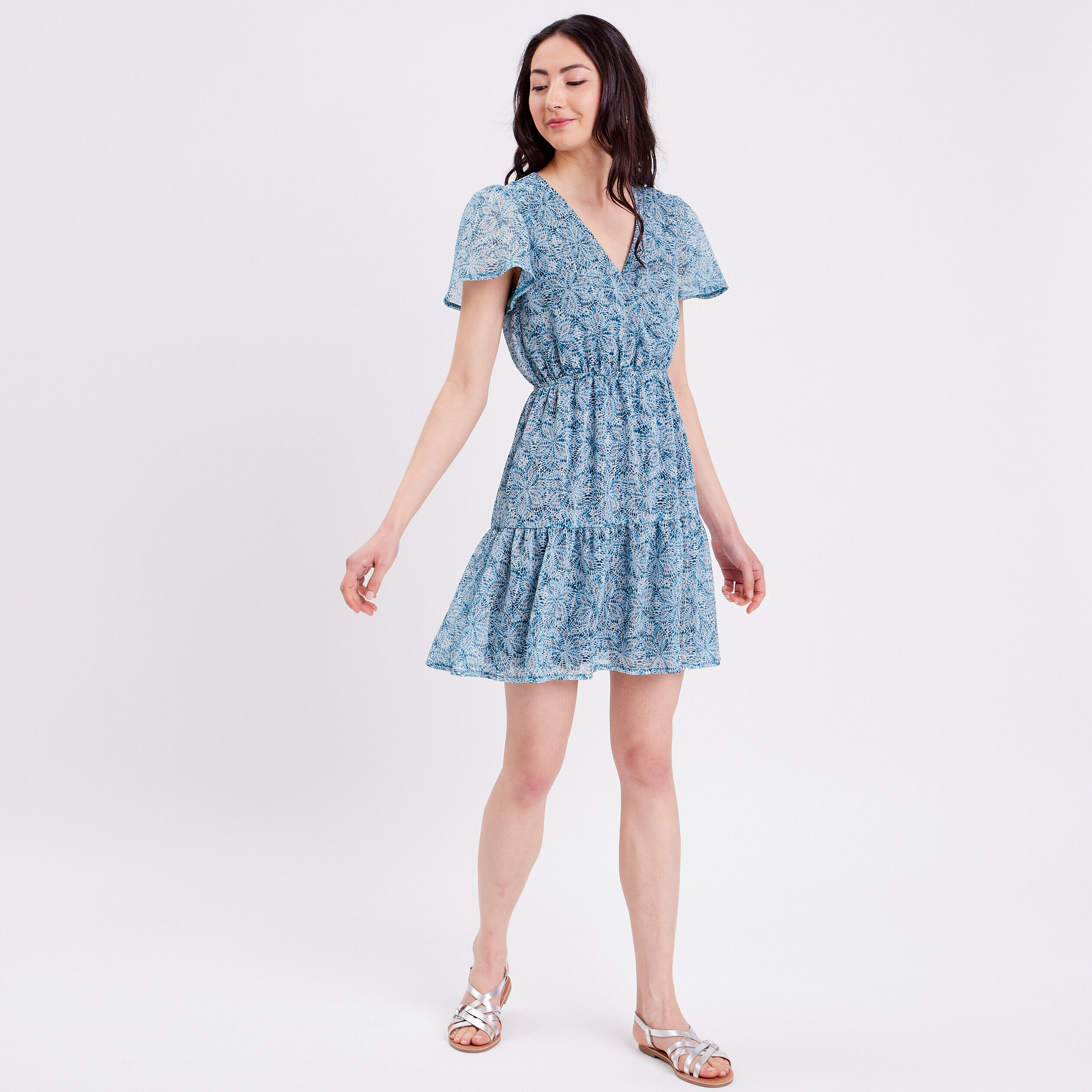 Robe évasée col cache-coeur bleu femme | Cache Cache