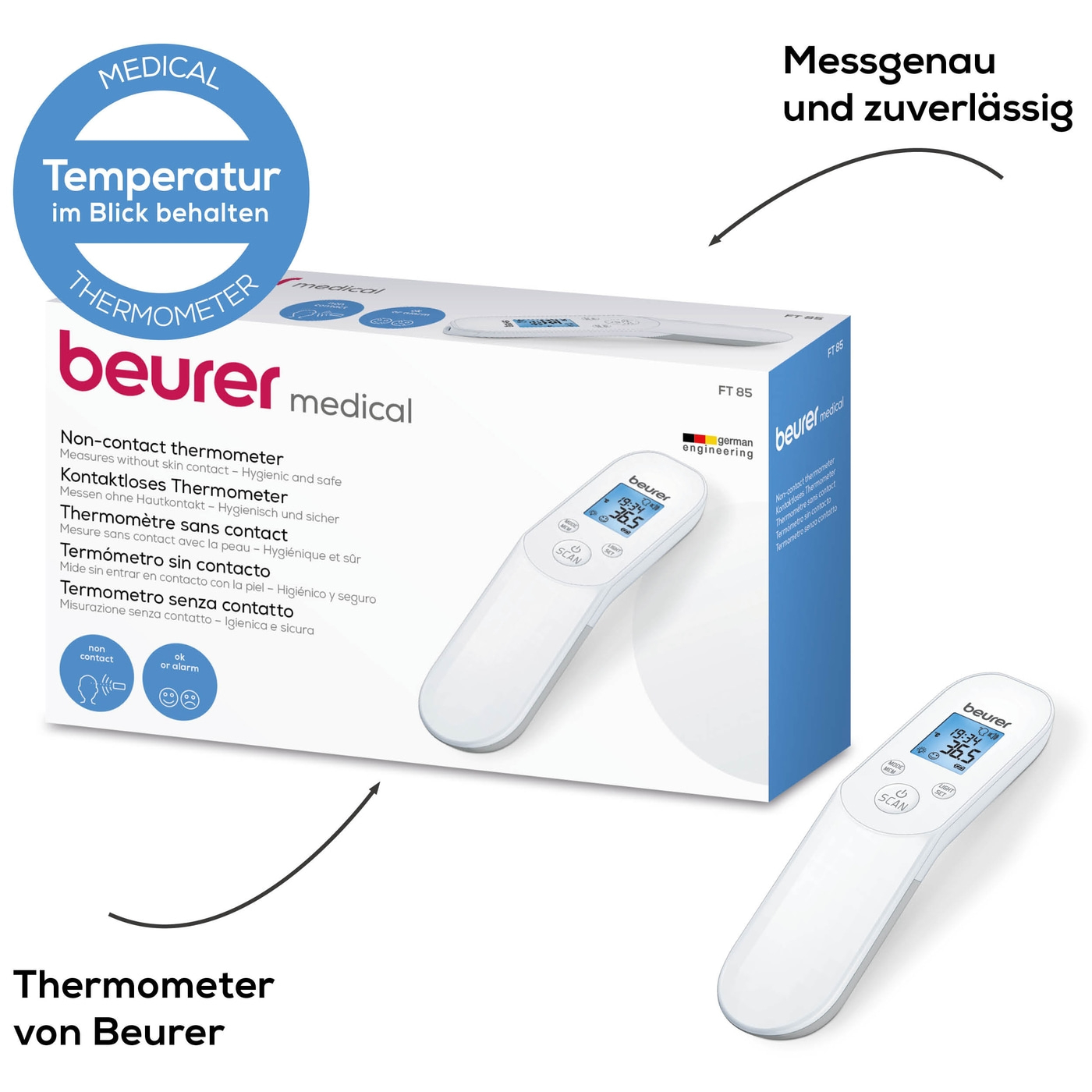 Beurer kontaktloses Thermometer FT 85-Kontaktloses Fieberthermometer für mehr Hygiene dank Infrarot-Messtechnik