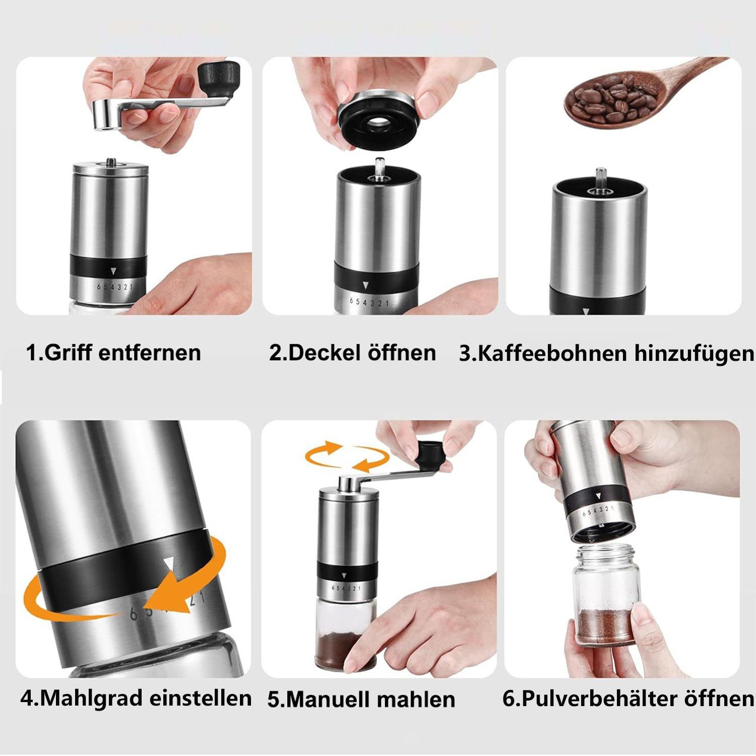 HYIEAR Kaffeemühle Manuelle, Edelstahl und Glas, 6 Verstellbarer Mahlgrad, Keramikmahlwerk, 15,00 g Bohnenbehälter, 110ml Pulverbehälter, inkl. Siebträgeradapter und Reinigungspinsel