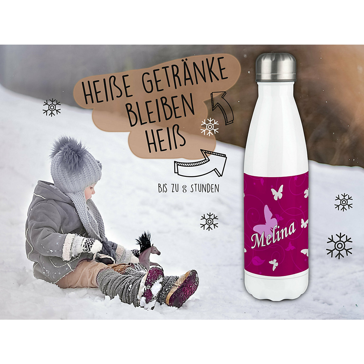 Edelstahl Kinder Thermoflasche / Trinkflasche bunt Schmetterling Ornamente Farbe brombeere Spülmaschinenfest, Auslaufsicher, Bruchfest, Doppelwandig, Für Heißgetränke geeignet, Mit Deckel, Isolier