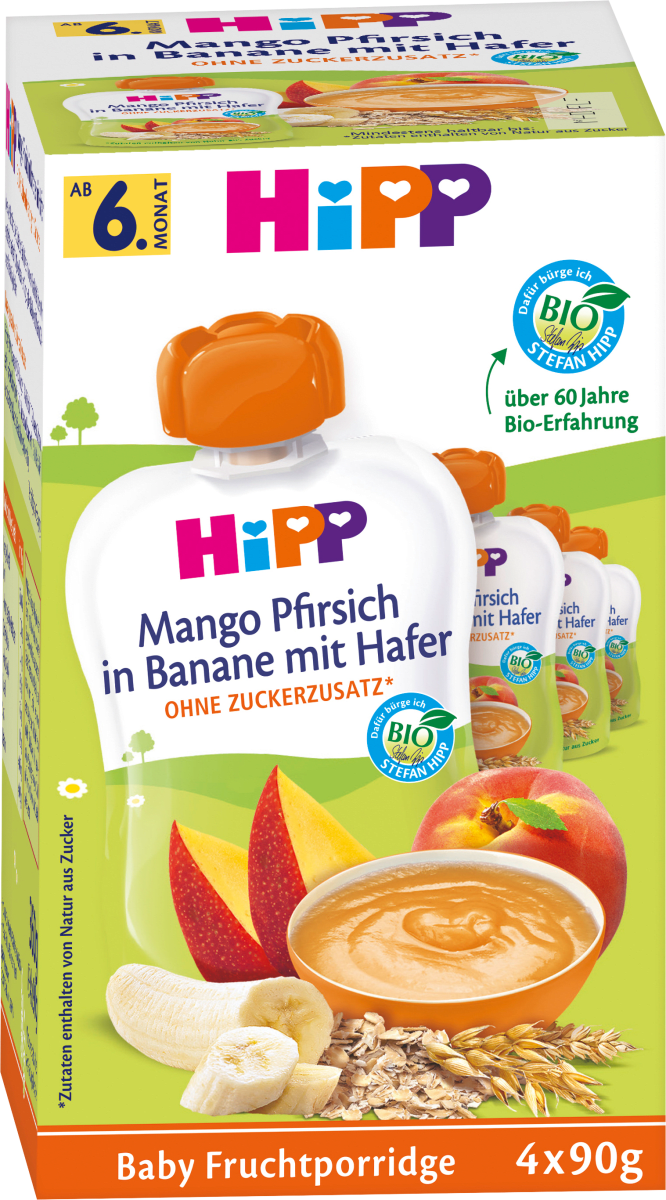 Quetschie Frucht-Porridge Mango-Pfirsich in Banane mit Hafer ab dem 6. Monat (4x90 g), 360 g