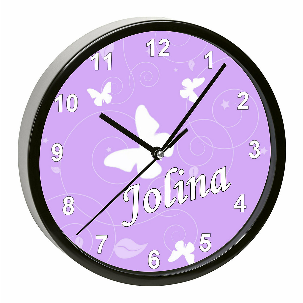 Kinder Wanduhr laufruhig personalisiert mit Name Schmetterling Flieder