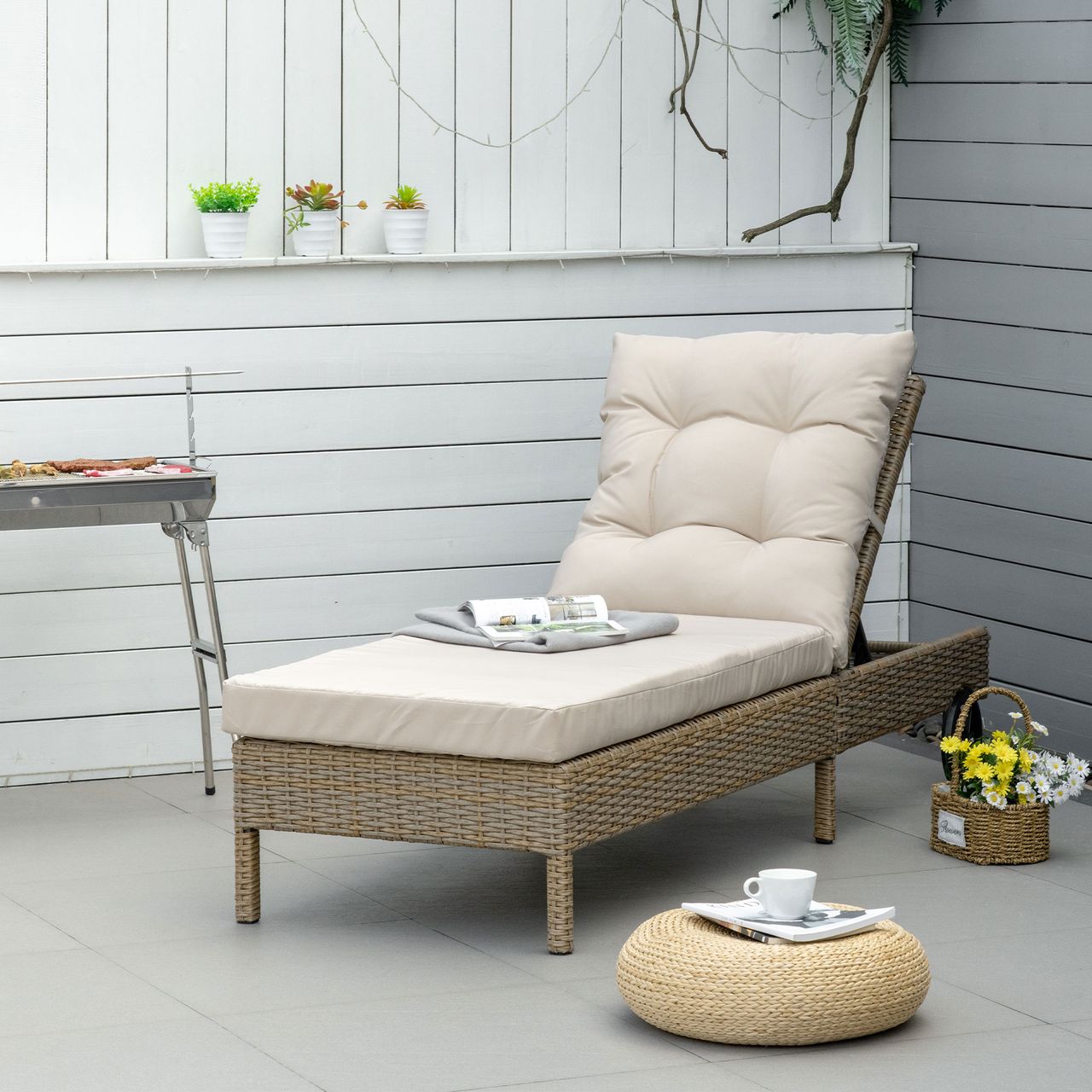 Outsunny Polyrattan Sonnenliege Gartenliege mit Rollen Kissen 4-stufig verstellbar Rattanliege Gartenmöbel Liege Stahl Natur Khaki 200 x 66 x 92 cm