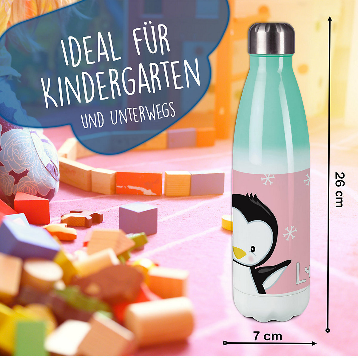 Edelstahl Kinder Thermoflasche / Trinkflasche bunt Pinguin Farbe rosa Spülmaschinenfest, Auslaufsicher, Bruchfest, Doppelwandig, Für Heißgetränke geeignet, Mit Deckel, Isoliert