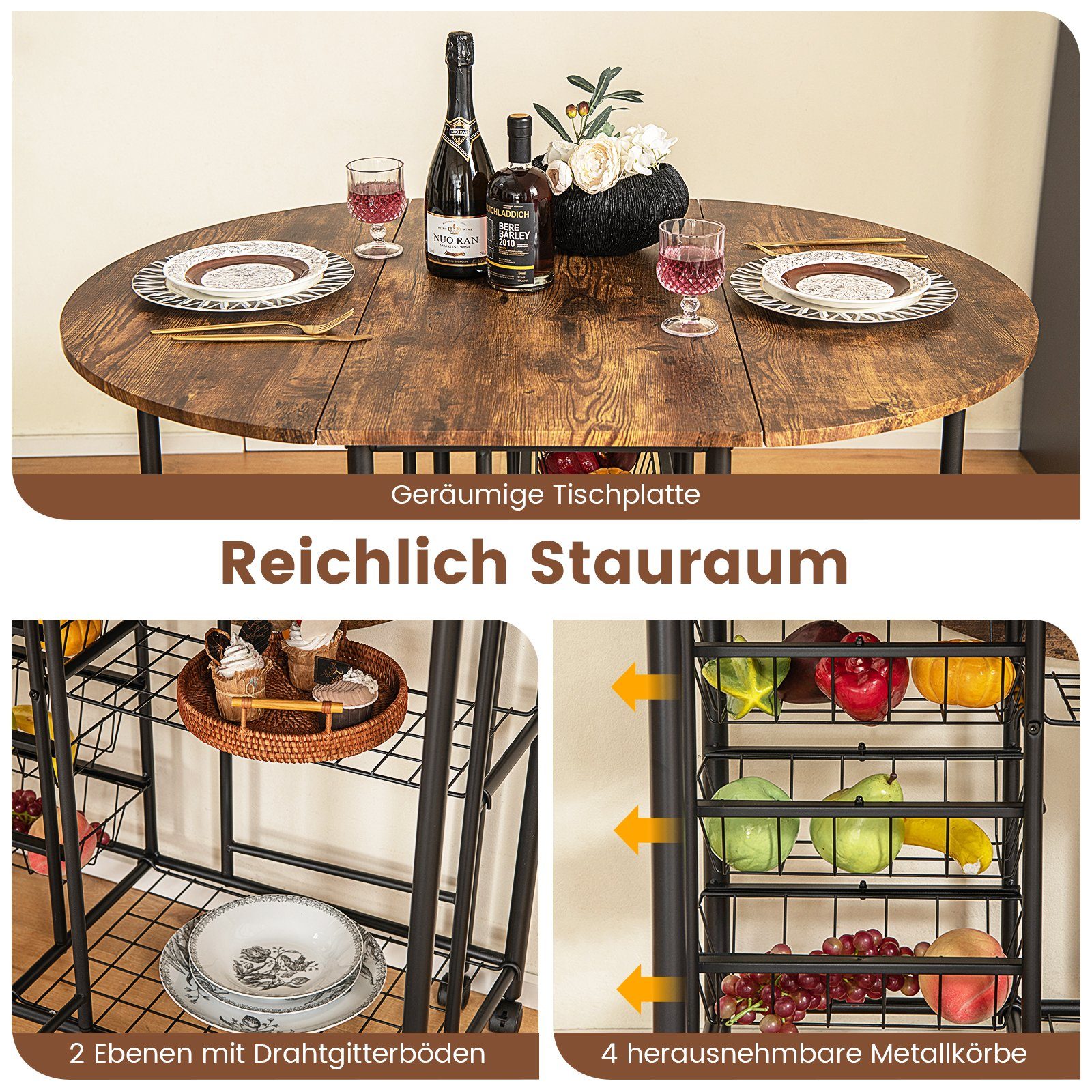 COSTWAY Bartisch (3-St), mit 2 Regalen & 4 herausziehbaren Körben, klappbar