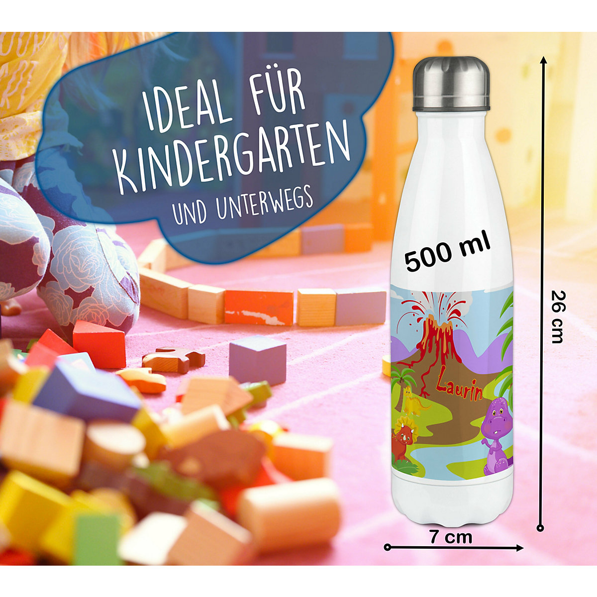 Edelstahl Kinder Thermoflasche / Trinkflasche bunt Dino Spülmaschinenfest, Auslaufsicher, Bruchfest, Doppelwandig, Für Heißgetränke geeignet, Mit Deckel, Isoliert