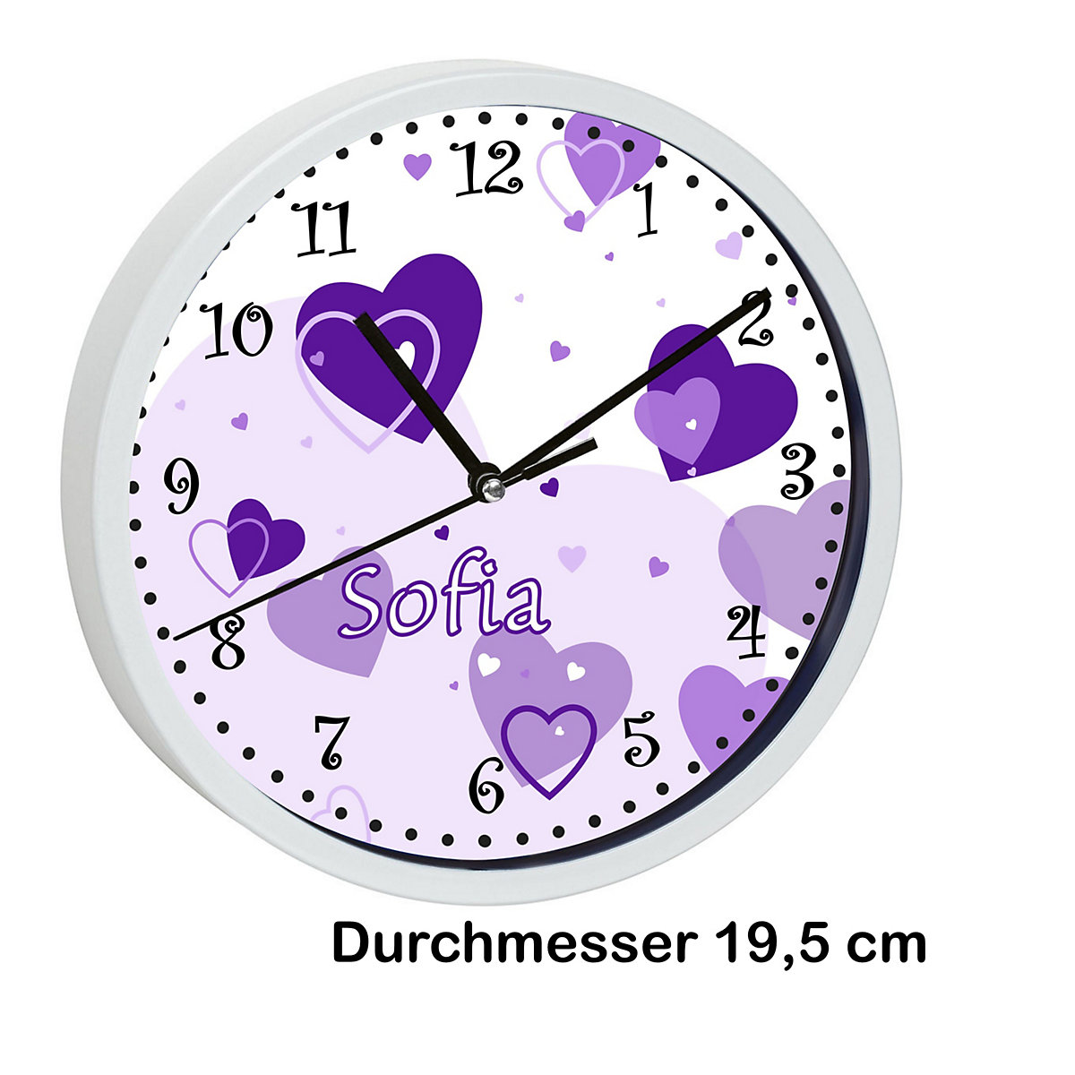 Kinder Wanduhr personalisiert mit Name Herz Lila