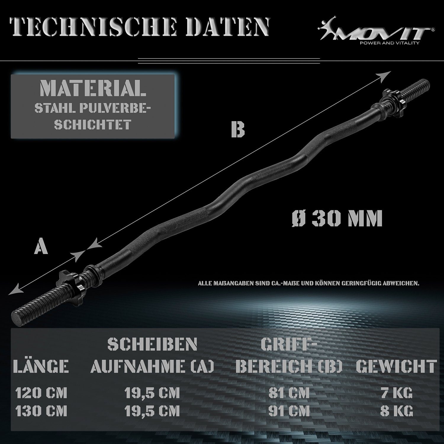 MOVIT Curlstange Profi SZ Curlstange, 30mm Hantelstange, Stahl, (SZ Stange), Auswahl: 120cm (7kg) o. 130cm (8kg), Farben in Schwarz oder Chrom