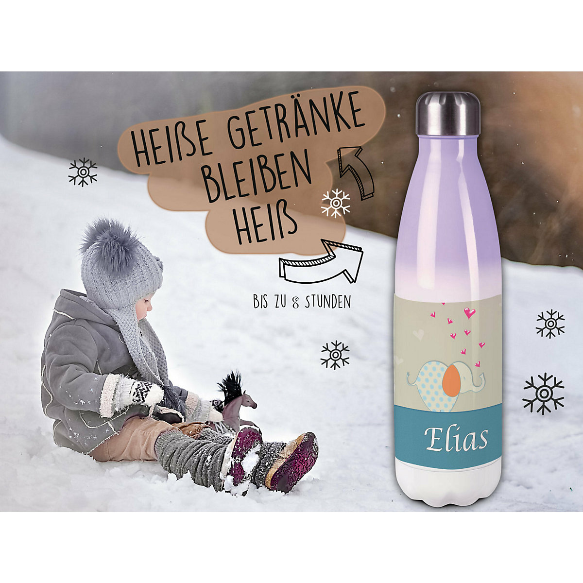 Edelstahl Kinder Thermoflasche / Trinkflasche bunt Elefant Farbe blau orange Spülmaschinenfest, Auslaufsicher, Bruchfest, Doppelwandig, Für Heißgetränke geeignet, Mit Deckel, Isoliert
