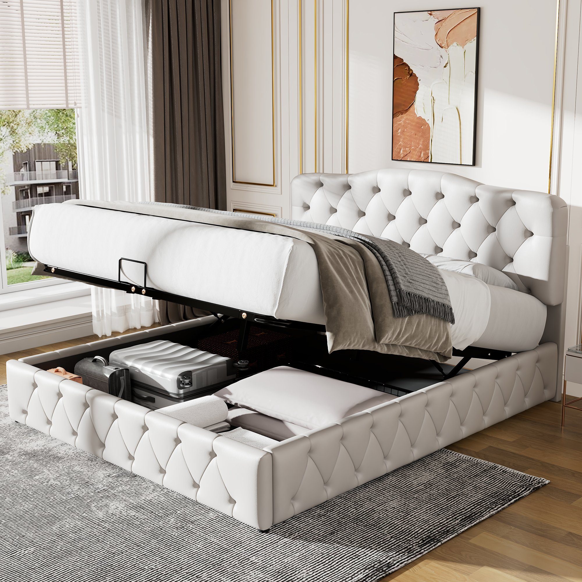 Sweiko Polsterbett, Stauraumbett mit höhenverstellbarem Kopfteil, 140*200cm