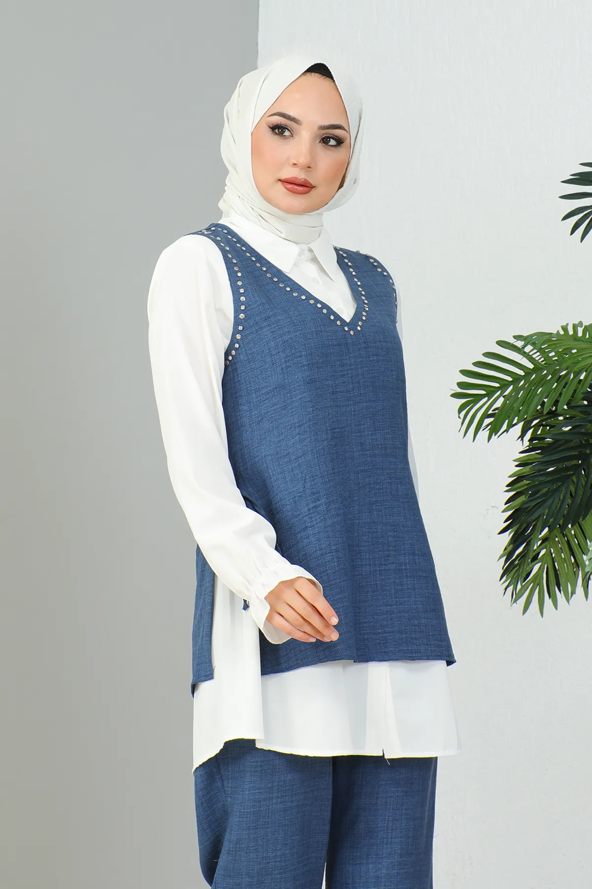 MODAQU  Indigoblaues Leinenset – Dreierset mit Steindetail