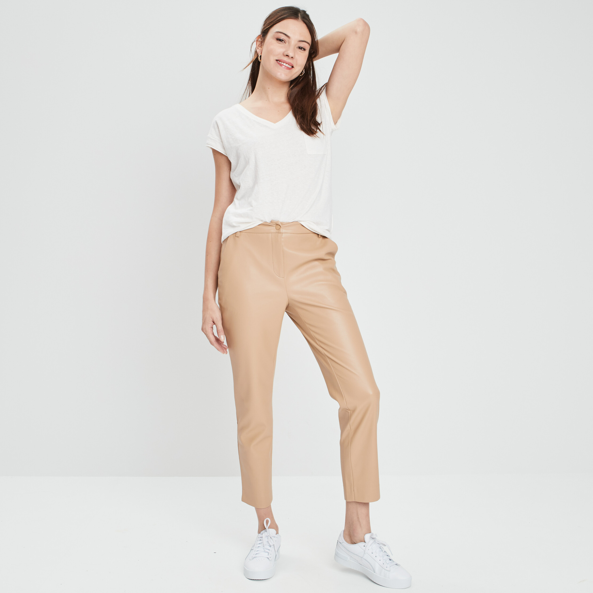 Pantalon ajusté 7 8 ème simili cuir sable femme | La Halle