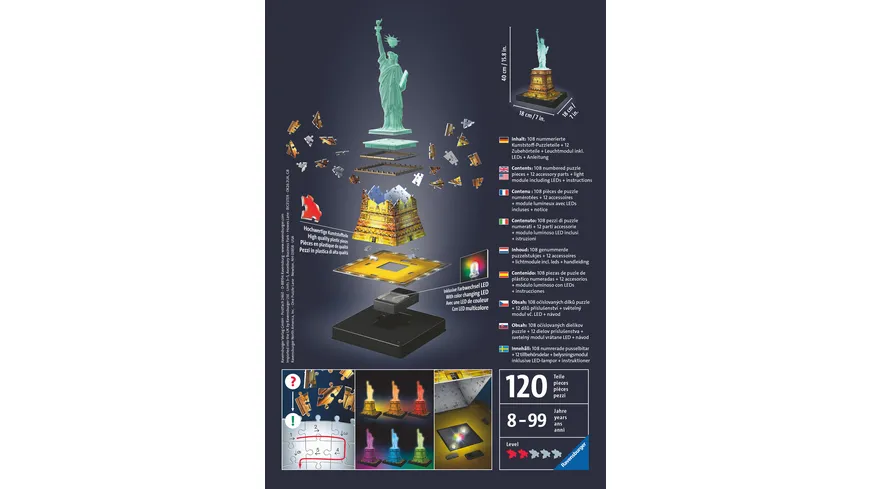 Ravensburger Puzzle - 3D-Puzzle - Freiheitsstatue bei Nacht, 108 Teile