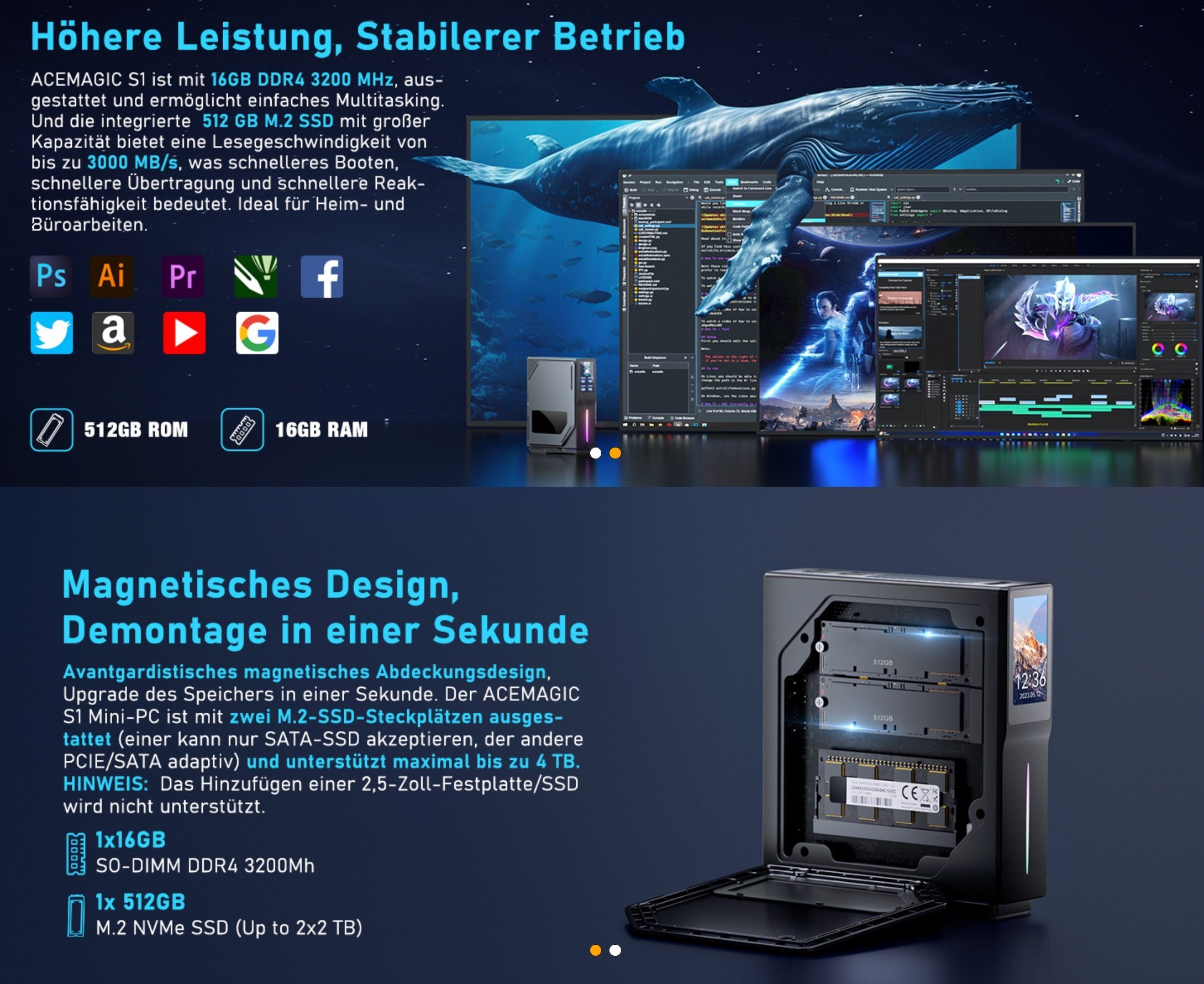 ACEMAGIC Mini PC mit LCD Bildschirm, Windows 11 Pro Computer Office Home 4K UHD Mini-PC (Intel Celeron, UHD Graphics, 16 GB RAM, 512 GB SSD, Luftkühlung, Multimedia, Workstation, Desktop, Business, Angebot, Gaming)