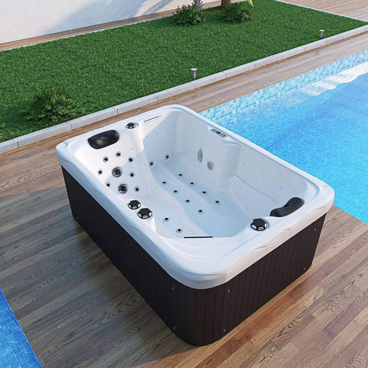 TroniTechnik Outdoor Whirlpool LEVANZO inkl. Heizung, Hydromassage, Farblicht, 190x135cm 450 Liter