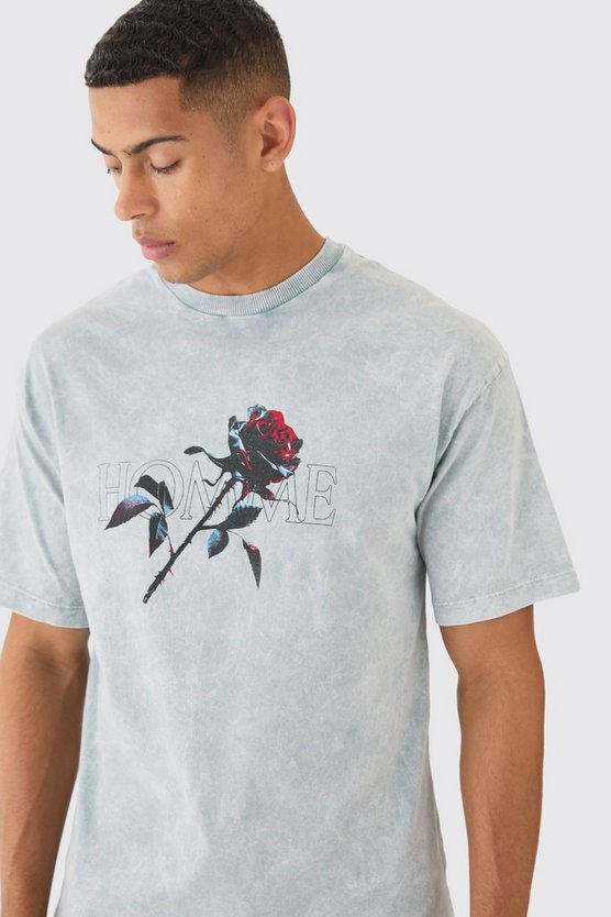 T-Shirt mit Acid-Waschung und Rosen-Print