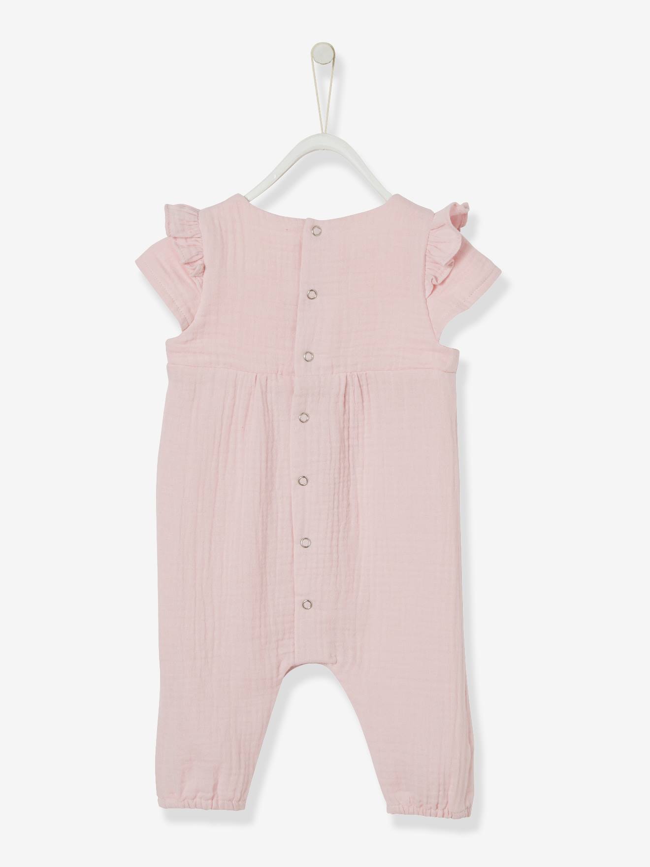 Combinaison bébé fille brodée en gaze de coton rose