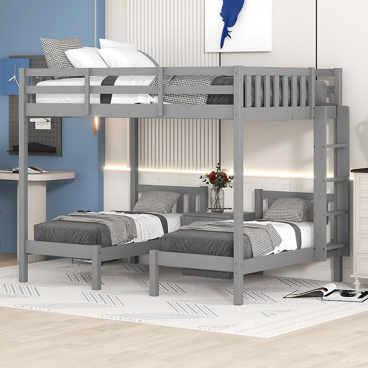 Etagenbett 90x200 Kinderhochbett mit Nachttisch, Dreibett, Massivholz, mit Schrank