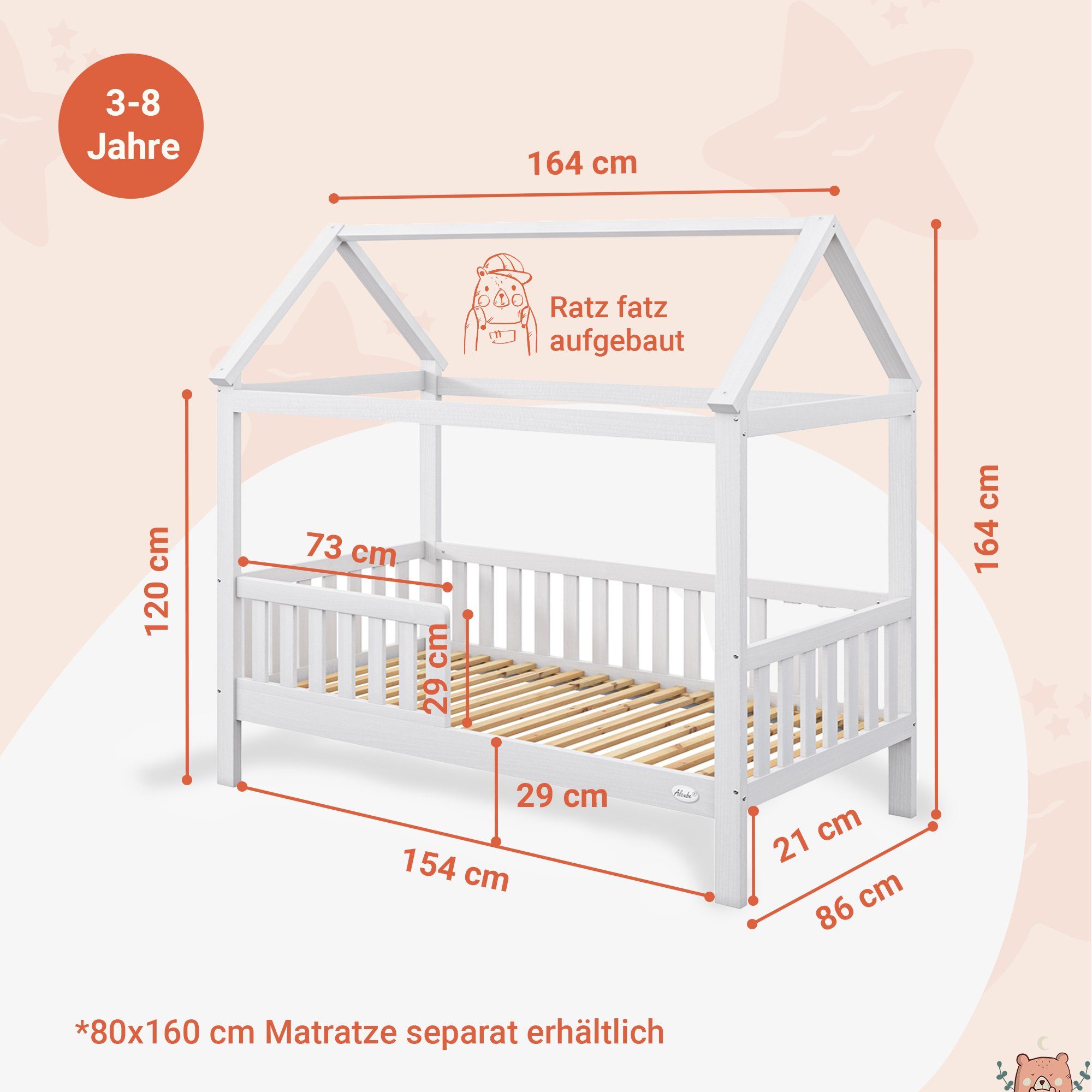 Alcube Kinderbett HEIM I Top ANGEBOTE I Begrenzte Zeit I BESTSELLER! (Hausbett 80x160 cm inkl. Rausfallschutz und Rolllattenrost, Kinderbett 80x160 cm für Matratze 160x80 Jugendbett 80x160 cm), Kinderbett in Weiß für Mädchen und Jungen Einzelbett aus