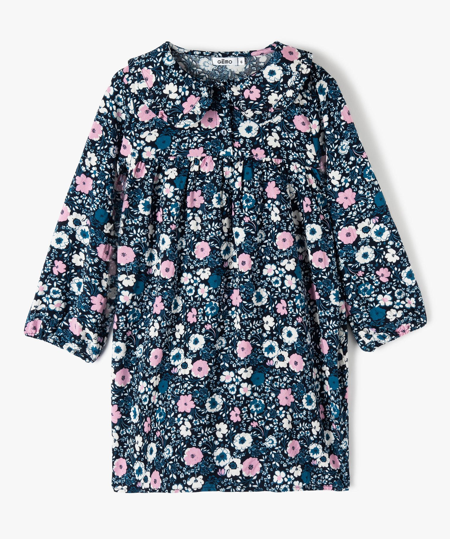 Robe fille fleurie à manches longues et grand col marine | GEMO