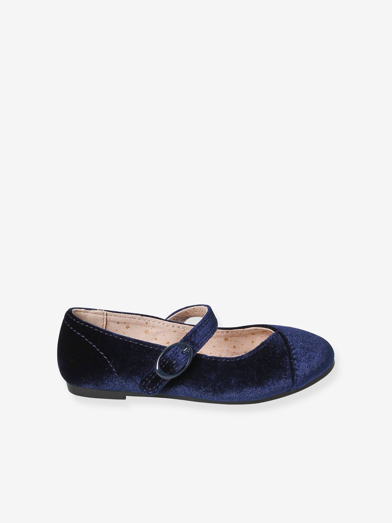 Vertbaudet Mädchen Velours-Ballerinas mit Anziehtrick - marine