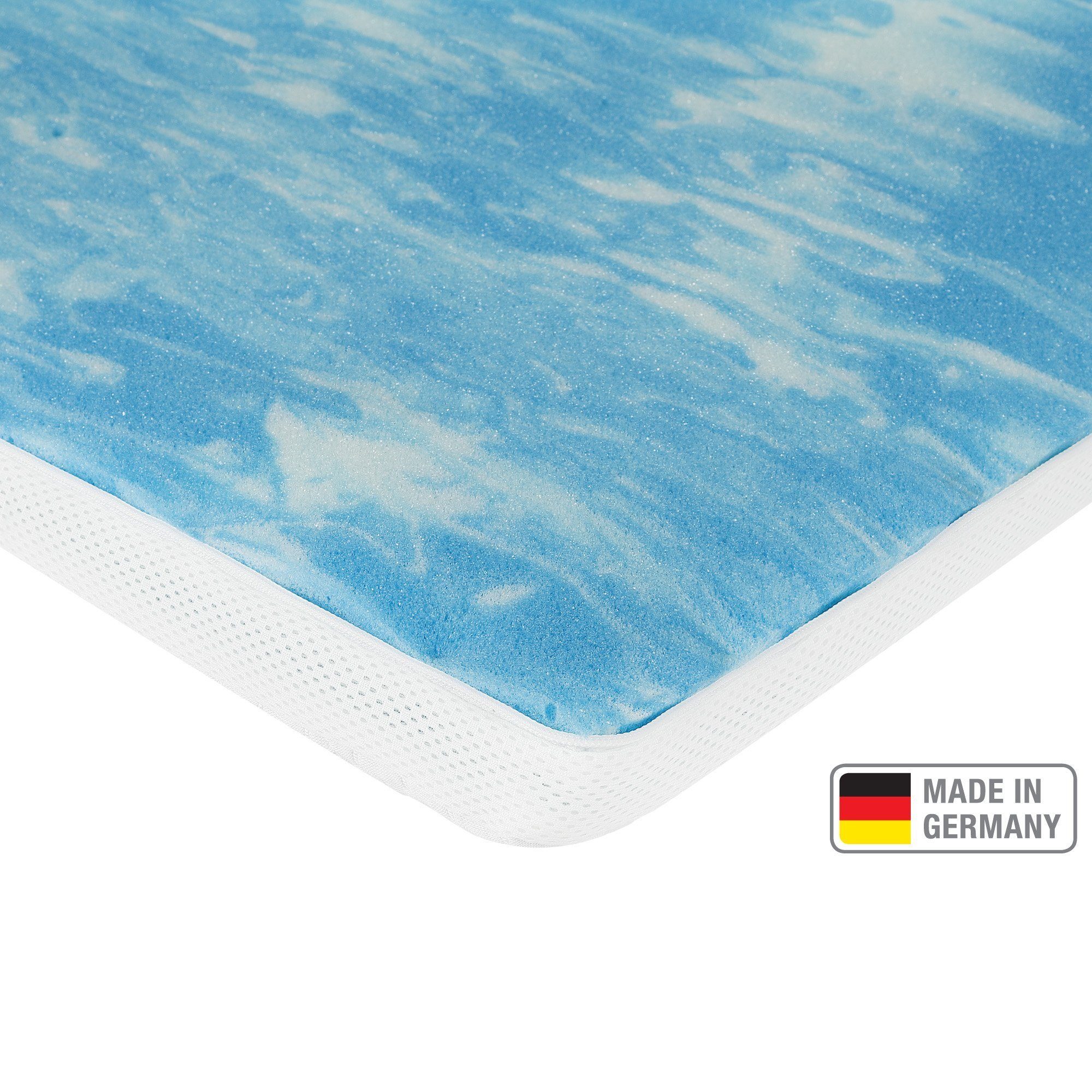 Topper Gel-Schaum Topper für Matratzen und Boxspringbetten, Meos, 6 cm hoch, Gelschaum, 90x200 cm, Made in Germany, 4-seitiger Reißverschluss sorgt für abnehmbaren und waschbaren Bezug, Besonders atmungsaktiv durch Klimaband, Spanngummis gegen ein Ve