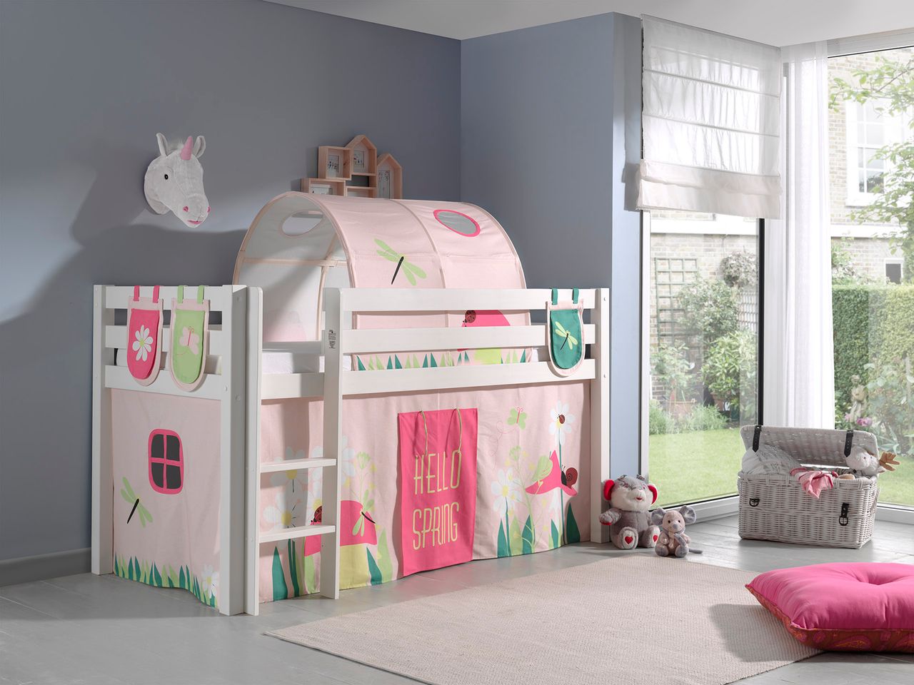 VIPACK Spielbett Pino mit Textilset Vorhang, Tunnel und 3 Taschen 