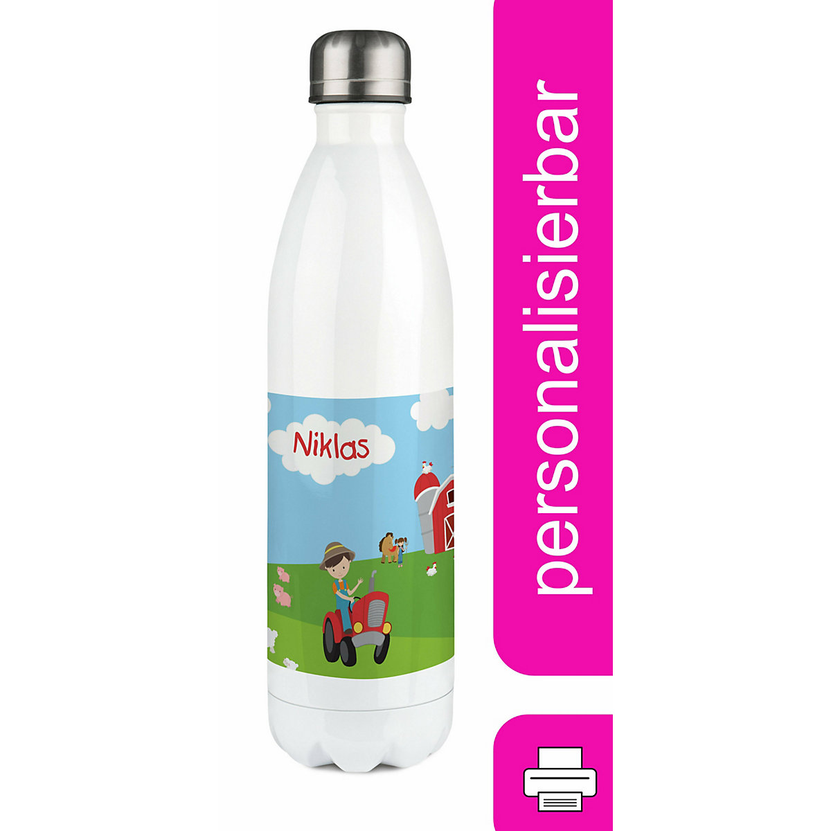 Edelstahl Kinder Thermoflasche / Trinkflasche bunt Bauernhof Spülmaschinenfest, Auslaufsicher, Bruchfest, Doppelwandig, Für Heißgetränke geeignet, Mit Deckel, Isoliert